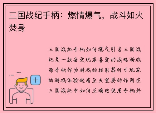 三国战纪手柄：燃情爆气，战斗如火焚身